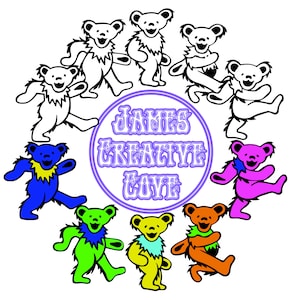 Peut inclure: Un cercle d'ours dansants colorés avec le texte "Janies Creative Cove" au centre. Les ours sont tous de couleurs différentes, notamment bleu, vert, rose, jaune et orange.