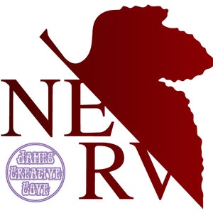 May include: A red stylized leaf with a white outline, partially obscuring the word "NERV" in white letters. The word "NERV" is in a bold, sans-serif font.