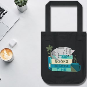 TOTE BAG - Cat Napping on Books, Eco Bag for Cat Lover, Coffee Lover, Book Lover, Cat Person, Cat Mom, Cat Dad, Reader, Eco Friendly Gifts