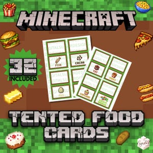 May include: Minecraft-themed tented food cards with pixelated graphics. The cards feature various food items like fish, cocoa, and cupcakes. The image includes the Minecraft logo, the text "TENTED FOOD CARDS," and the number "32 INCLUDED."