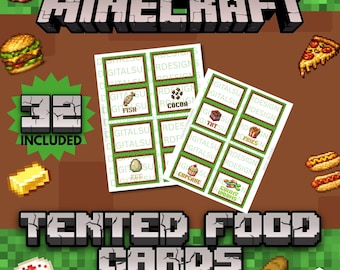32 etiquetas de comida imprimibles inspiradas en minas, decoraciones para mesas de refrigerios con TNT de Pixel Art, suministros para fiestas de cumpleaños de videojuegos, tarjetas de buffet con carpa