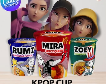 Kpop Demon Hunters Ramen Cup Covers, Rumi, Mira, Zoey Ramyeon Cup, Instant Printable, DIY, KPop Demon Hunters Birthday Decor, Huntrix Ramen