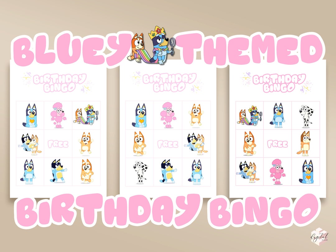 Juego de bingo de cumpleaños con perro azul, bingo para cumpleaños de niña,  descarga instantánea, rosa, decoración para fiesta de cumpleaños de niña  con perro azul, imprimible DIY, bolsa de fiesta -, image size:1080x810