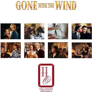 May include: A collage of 12 images from the movie Gone With The Wind. The images feature scenes from the film, including the main characters Scarlett O'Hara and Rhett Butler. The title of the film is displayed in gold letters at the top of the collage. The Hollywood Originals logo is displayed at the bottom of the collage.