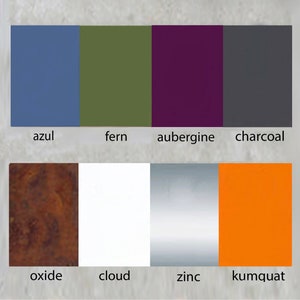 May include: A color palette chart with 10 color swatches. The top row shows the colors azul, fern, aubergine, and charcoal. The bottom row shows the colors oxide, cloud, zinc, and kumquat.