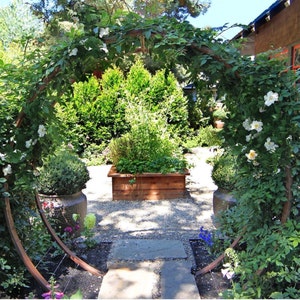 May include: A garden scene featuring a circular wooden arch covered in climbing plants and white flowers. A wooden planter box filled with greenery sits in the center, with stone pathways and potted plants on either side. The scene is lush and green.