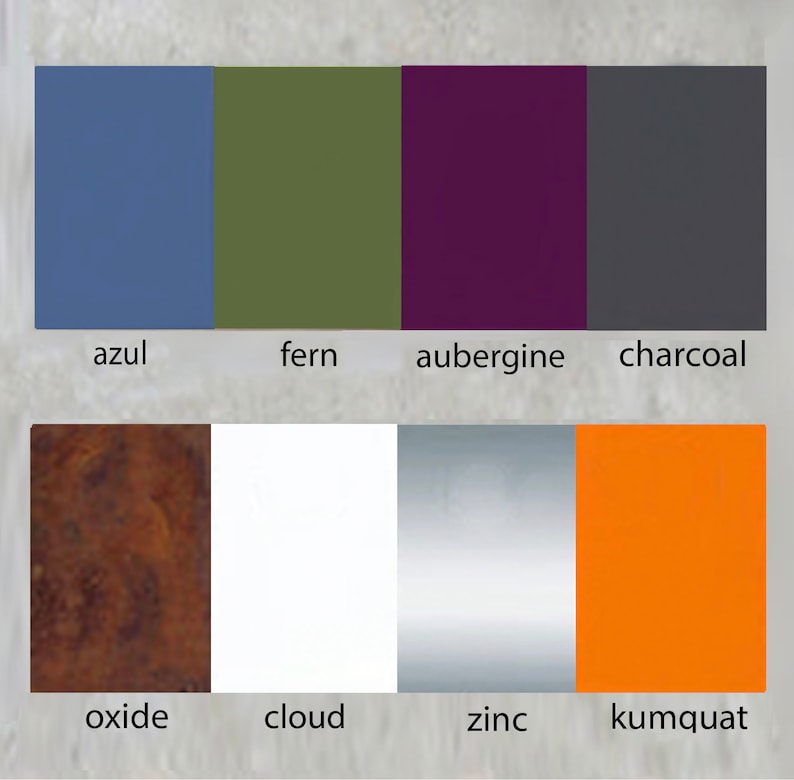 May include: A color palette chart with 10 color swatches. The top row shows the colors azul, fern, aubergine, and charcoal. The bottom row shows the colors oxide, cloud, zinc, and kumquat.
