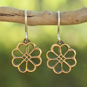 Dangle Minimalist Flower Earrings, Small Handmade Floral Jewelry in Sterling Silver or Bronze, Dainty Bridesmaid Gift, Latvian Sun Symbol