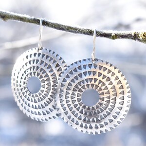 Large Sun Disc Earrings, Handmade Ethnic Sterling Silver Ear Jewelry, Circle Norse Pagan Solar Symbol, Gift for Traditional Motif Lover