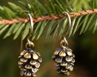 Small Simple Everyday Earrings, Pine Cone, Aesthetic Nature Jewelry in Sterling Silver or Bronze, Nature Lover Gift for Garden Girl