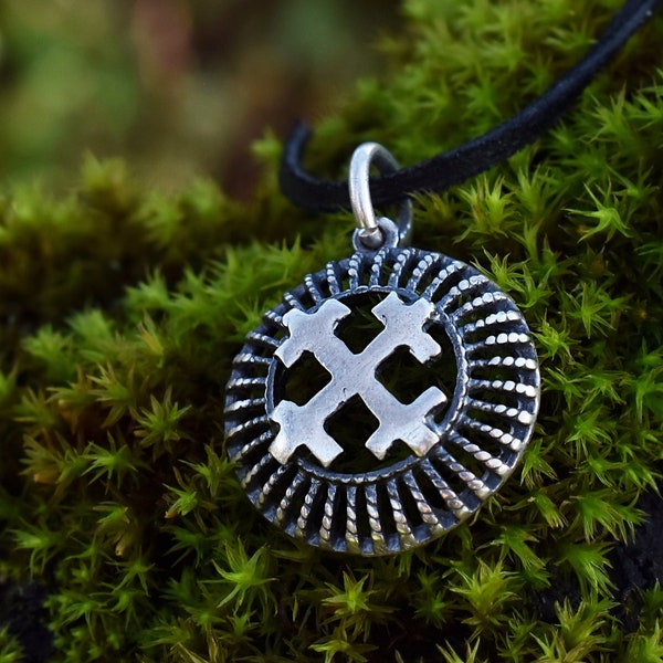 Small Circle Latvian Pagan Cross Pendant, Silver or Bronze Necklace with Baltic Symbol, Everyday Amulet, Gift for Daughter, Cross of Māra