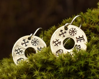 Circle Everyday Earrings with Latvian Protective Runes, Handmade Silver or Bronze Jewelry, Gift for Friend, Earrings with 7 Baltic Symbols