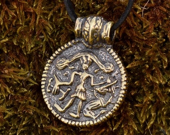 Nordic Pagan Necklace Pendant, Handmade Bronze Charm with Ancient Viking Mythology Drawing, Norse God Pendant, Sustainable Medieval Gift