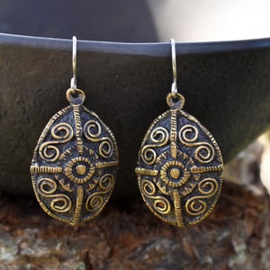 Oval Celtic Cross Earrings for Women, Sterling Silver or Bronze Pagan Jewelry, Unusual Gift for Warrior Wife, Shield Maiden Earrings