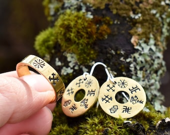 Bronzen of sterling zilveren sieradenset met Baltische runen, oud symbool Dangle Oorbellen en ring, handgemaakte Letse sieradenset
