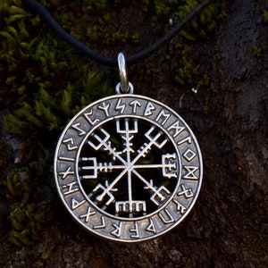 Viking Compass Pendant, Norse Symbol Vegvisir Necklace, Icelandic Wegfinder and Runes, Sustainable Medieval Fest Jewelry