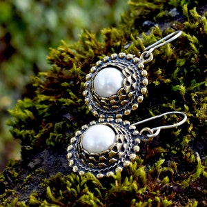 Freshwater Pearl Earrings in Bronze or Sterling Silver, Sun Symbol, Sustainable Latvian Womens Jewelry, Mothers Day Gifts