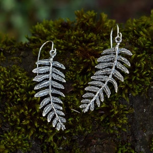 Long Fern Earrings, Handmade Nature Jewelry for Women, Anniversary Gift for Wife, Dangle Sterling Silver Or Bronze Earrings for Her