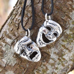 Theater Mask Pendant Set, Comedy and Tragedy Masks, Handmade Sterling Silver Comedy and Drama Symbol, Fun Anniversary Gift for Actor Couple
