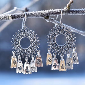 Chandelier Filigree Earrings with Latvian Symbols, Handmade Baltic Pagan Jewelry, Unique Gift from Latvia, Earrings with Protective Runes