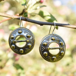 Fun Circle Norse Fibula Earrings, Handmade Latvian Sakta Dangles, Unusual Cheerful Sun Jewelry for Women, Statement Gift for Bride