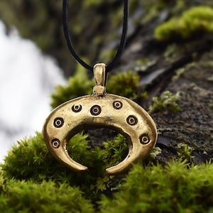Ancient Moon Necklace Pendant, Lunula Pendant in Silver or Bronze, Handmade Norse Jewelry, Gift for Him or Her, Moon with Sun Symbols