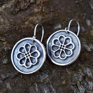 Sterling Silver Flower Earrings, Latvian Sun Symbol Jewelry for Her, Handmade Dangle Earrings, Sustainable Gift for Sister