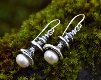 Long Abstract Pearl Earrings in Bronze or Silver, Handmade Elegant Jewelry with Freshwater Pearls, Christmas Gift for Mom or Wife