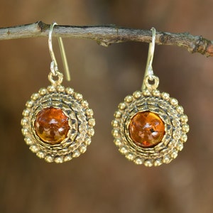 Baltic Amber Earrings, Traditional Latvian Earrings in Bronze, Sun Symbol Jewelry with Gemstone, Unique Sustainable Gift for Mom