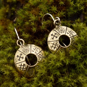 Circle Women Earrings with Baltic Runes, Handmade Sustainable Latvian Pagan Jewelry in Silver or Bronze, Cute Gift for Wife