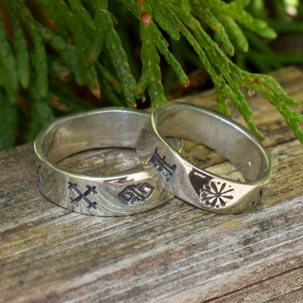 Sterling Silver Couple Rings, Matching Promise Rings with Baltic Protective Symbols, Handmade Wedding Bands, 25th Anniversary Gift