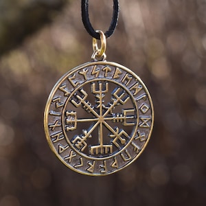 Viking Compass Pendant, Norse Symbol Vegvisir Necklace, Icelandic Wegfinder and Runes, Sustainable Medieval Fest Jewelry