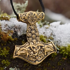Massive Mjolnir Hammer Necklace Pendant, Bronze Thor Hammer, Handmade Scandinavian Jewelry for Viking, Sustainable Gift for Son
