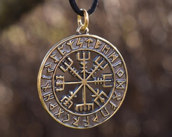 Viking Compass Pendant, Norse Symbol Vegvisir Necklace, Icelandic Wegfinder and Runes, Sustainable Medieval Fest Jewelry