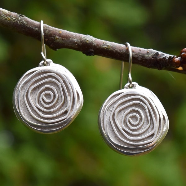 Round Hypnotic Circle Swirl Earrings, Handmade Bright Sterling Silver or Bronze Jewelry for Women, Dainty Birthday Gift for Sister