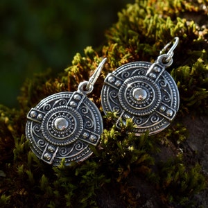 Silver Circle Sun Cross Earrings with Celtic and Latvian Ornaments, Handmade Norse Jewelry for Her, Dainty Valentines Day Gift for Wife