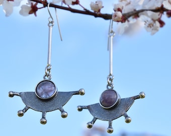 Handmade Long Amethyst Earrings, Sterling Silver Elegant Amythest Jewelry for Her, Unique Birthday Gift for Wife