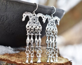 Norse Pagan Earrings, Long Chandelier Earrings, Handmade Viking Jewelry, Unique Anniversary Gift for Wife, Two-Headed Horses