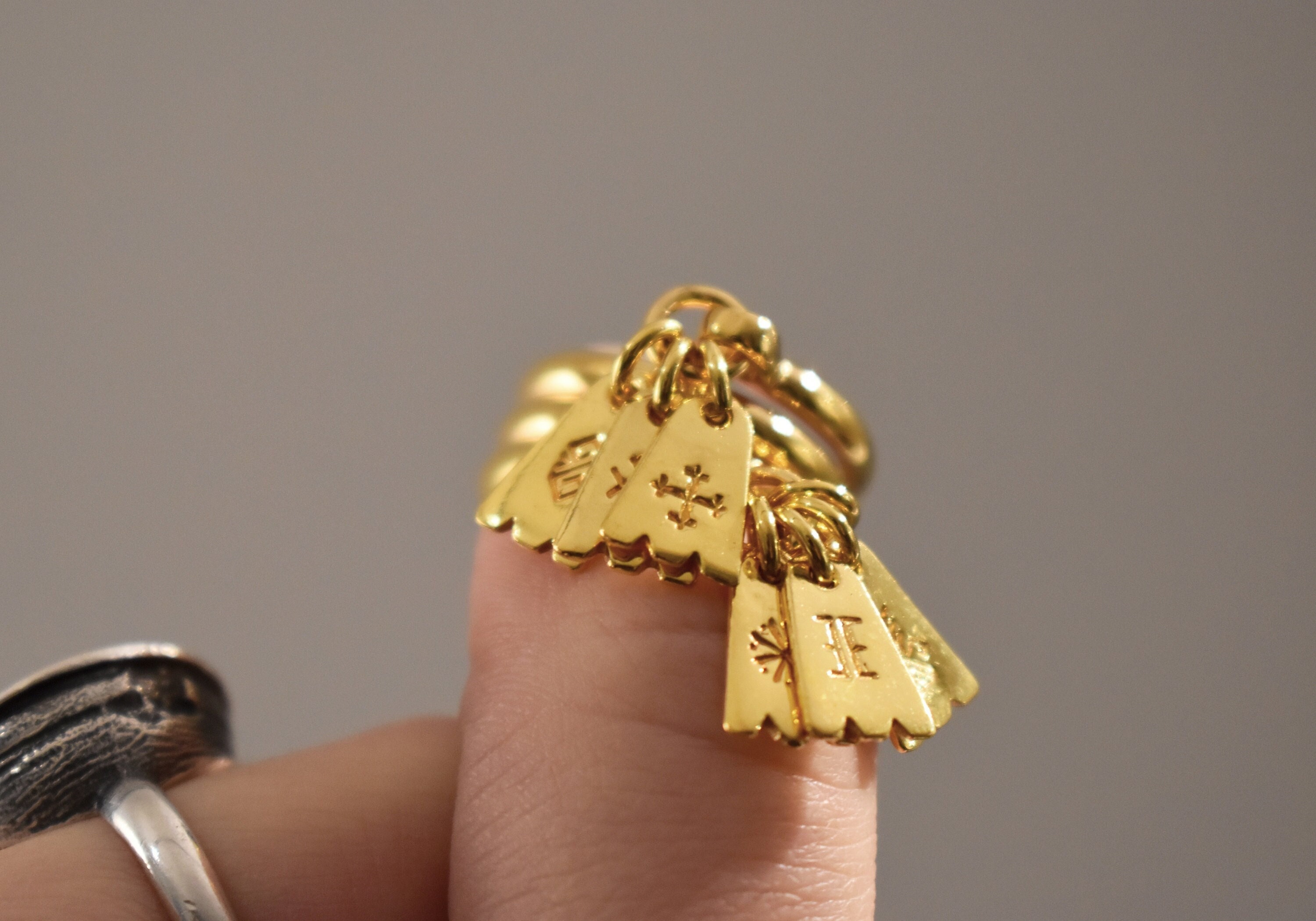 Dangle Rings Silver Dangling Ring With Charms, Yellow 14K Gold Plated Sterling Silver ...
