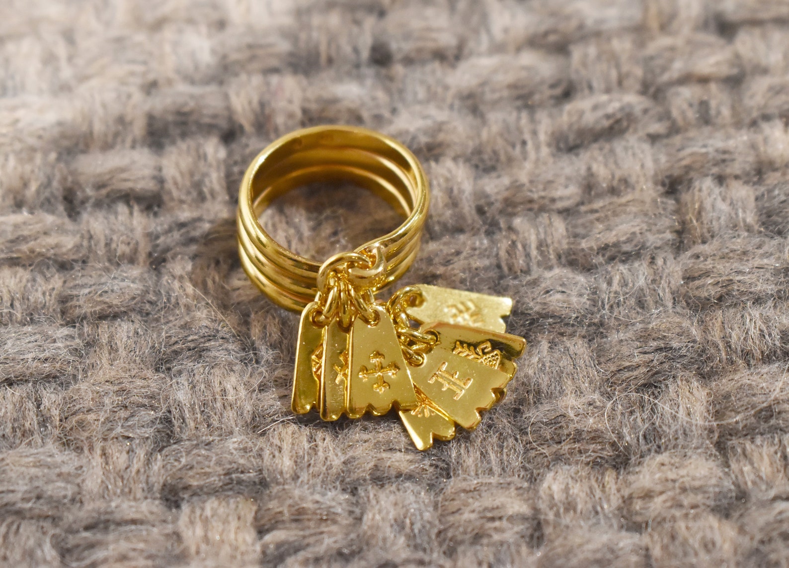 Dangling Ring With Charms, Yellow 14K Gold Plated Sterling Silver ...