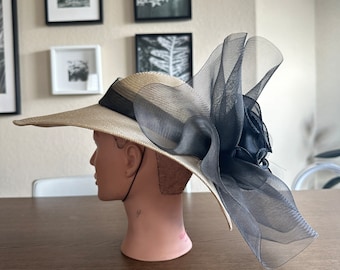 Vintage  1980's Sonni of San Francisco Straw Fascinator Hat Wide Brim Hat