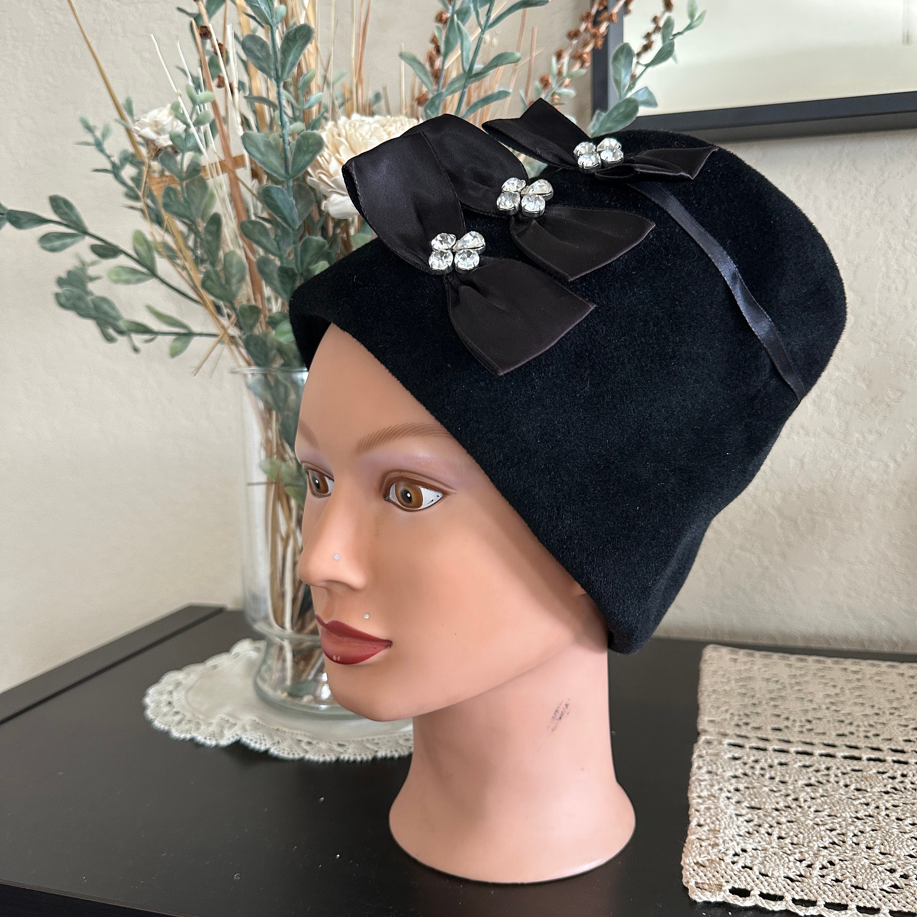 Vintage B Michael Indigo Blue Constructed Hat Gold Cording Pearls Wedding Events Vintage 1980s Navy Blue Wide Brim Felt Hat, Gold Flowers  main image 2
