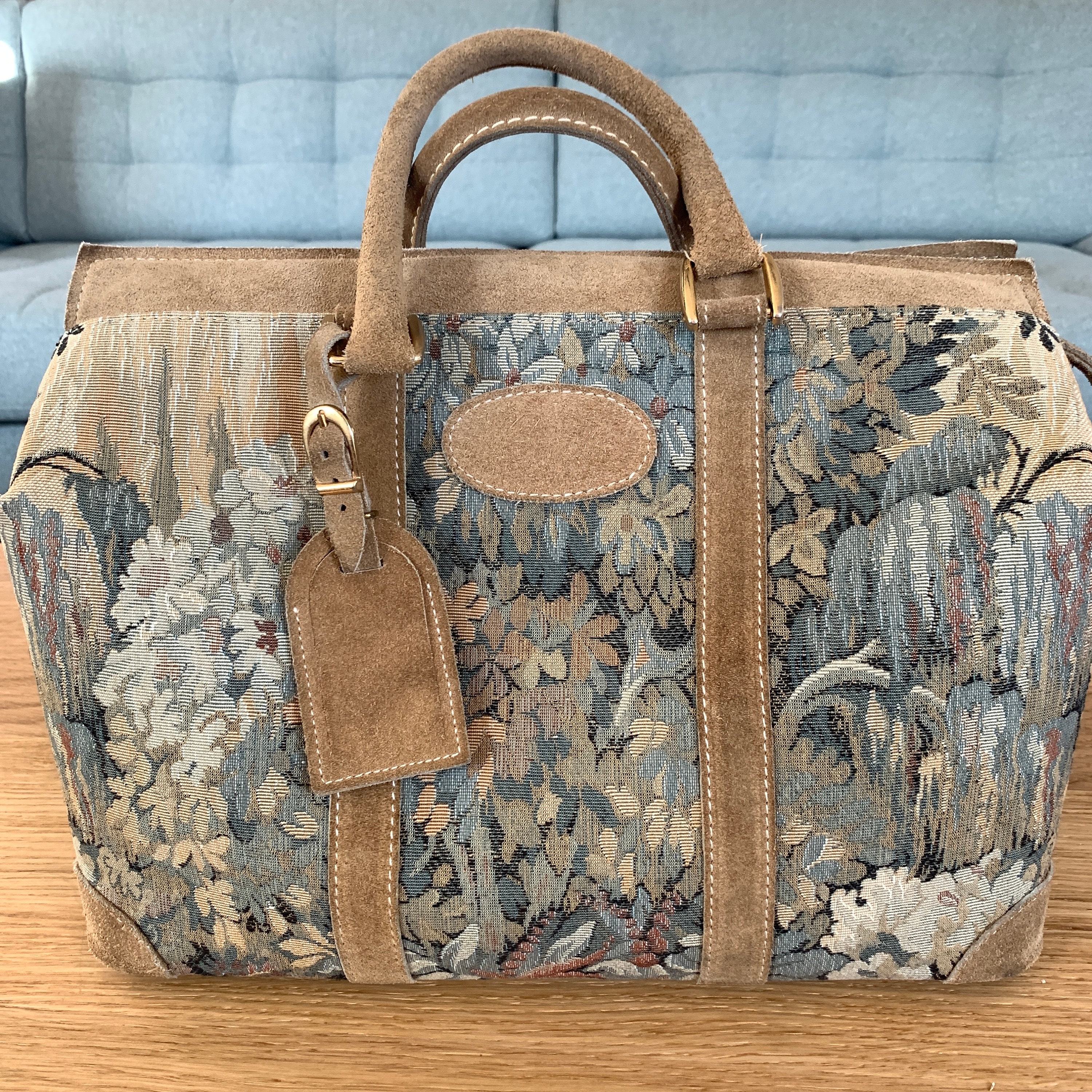 Vintage French Luggage Co Tapestry Suede Train Doctor Bag + Tag