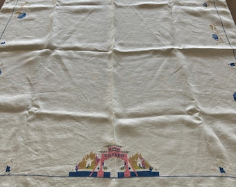 Vintage Linen Tablelcoth Cross stitch Pagoda Structure Ancient Oriental Theme  Square Tablecloth