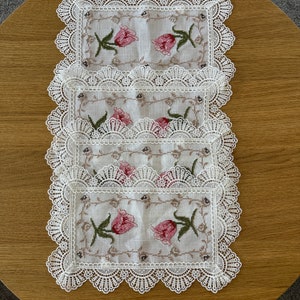 Cross stitch Doilies Set of 4 Pink Rose Lace Doilies