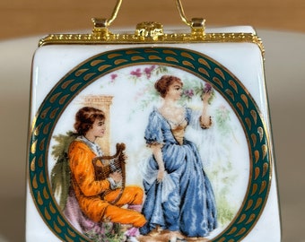 Porcelain Hinged Purse Handbag Trinket box Hand painted French Decor  2 1/2 "