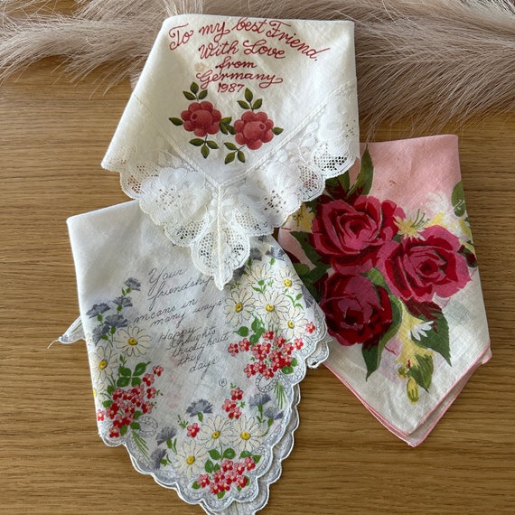 Lot of 3 Vintage Friendship Handkerchiefs Floral … - image 1