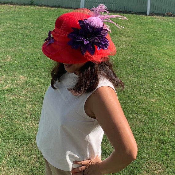 Vintage Victorian Felt Red and Purple Hat,butterfly,,1960s  display picture 3