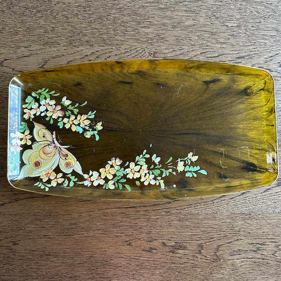 ヴィンテージ装飾トレイ 樹脂製化粧台トレイ 手描きの花柄蝶 - Etsy 日本