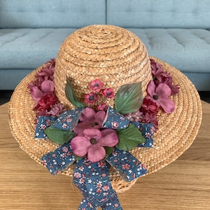 Vintage Girls Floral Straw Kids Hat Cottage Core Wall Decor